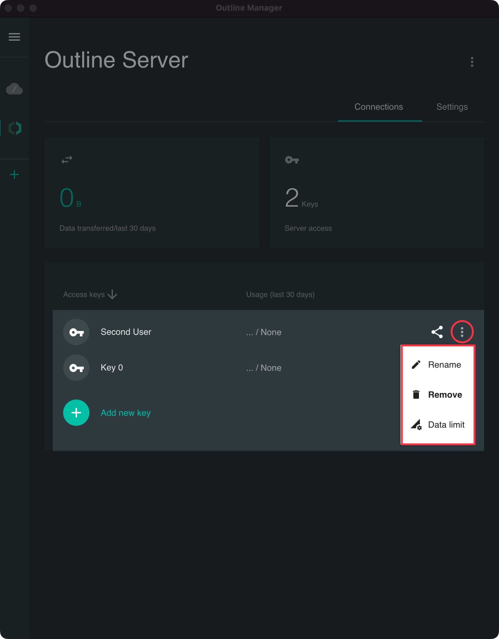 Outline Manager - Key Data Limit Settings